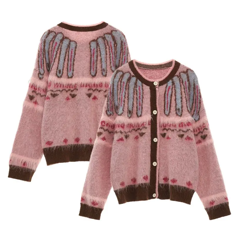 

Vintage Jacquard Sweater Coat Women's Korean Autumn Winter Loose Lazy Mohair Knitted Cardigan Outer Top Aesthetic Knitwear