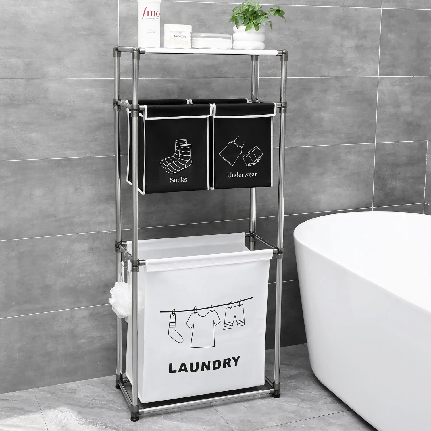 

Laundry Hamper 3 Tier Laundry Sorter with 4 Removable Bags for Organizing Clothes, Laundry, Lights, Darks ,Three hooks