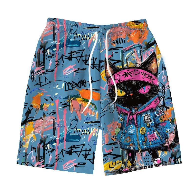 3D Print Colorful Graffiti Cat Short Pants For Men Cute Animal Pattern Beach Shorts Summer Casual Street Breathable Swim  Trunks
