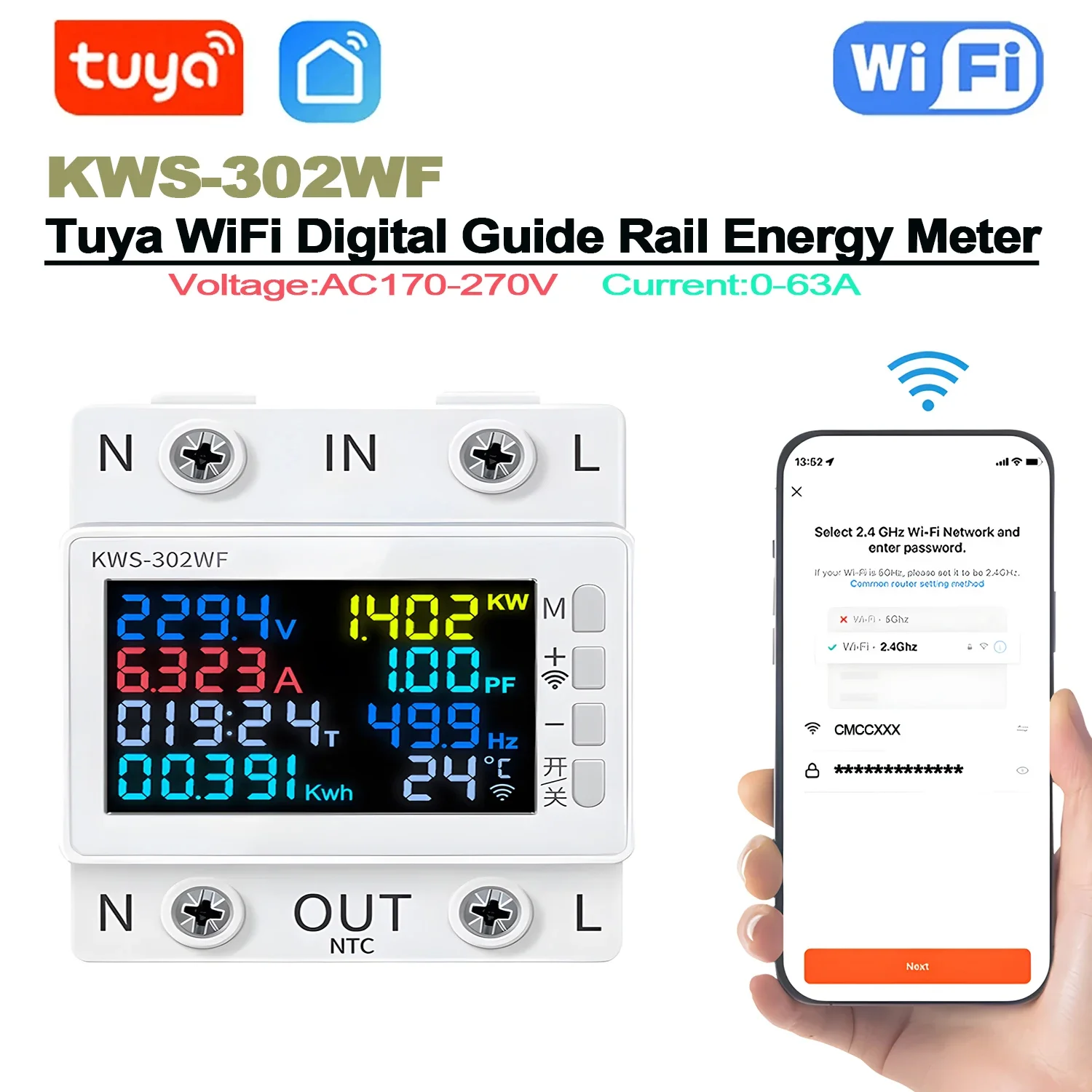 Tuya Smart WiFi Guide Rail 8 IN 1 Power Energy Meter AC170-270V Voltmeter 0-63A Current Ammeter Wattmeter KWH Electricity Tester