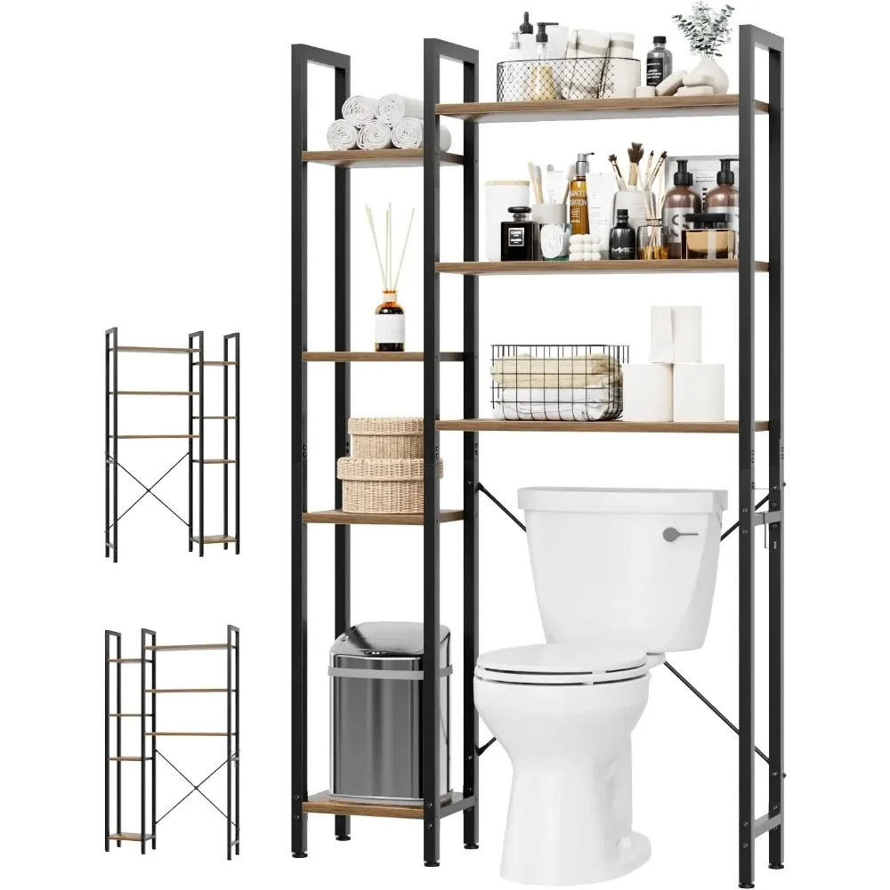 

7-Tier Over The Toilet Storage Shelf, Freestanding Bathroom Organizer with Adjustable Feet & Hooks, Rustic Brown Space Saver