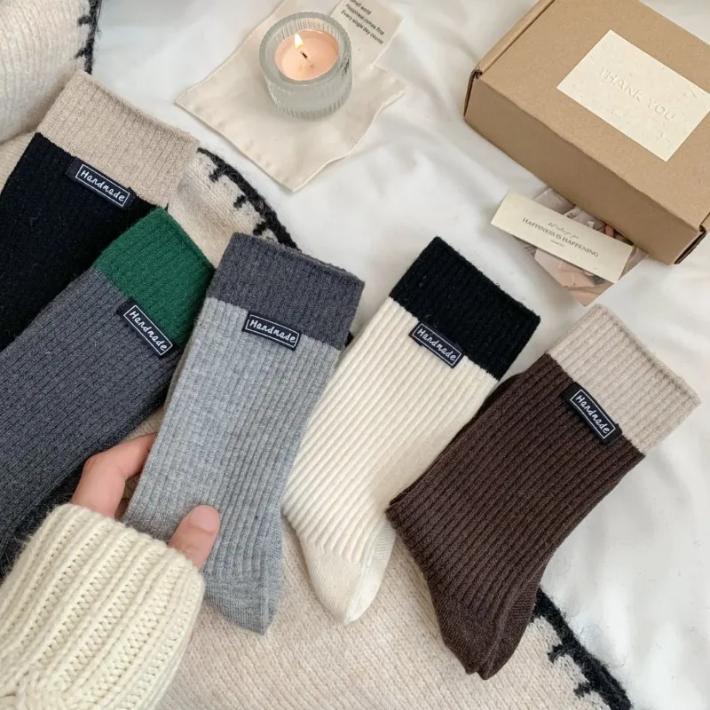 9 Pairs 2025 Fall Winter Color-Blocked Women's Mid-Calf Socks Casual Simple Cotton Socks Ladies Black Warm Socks High Quality