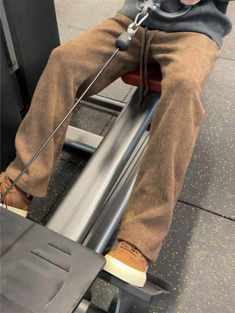 

Visvim Ennio Men's Autumn Winter Fce Lined Straight Leg Pants in Coffee Color Fitn Casual Trousers with Wheat Pattern