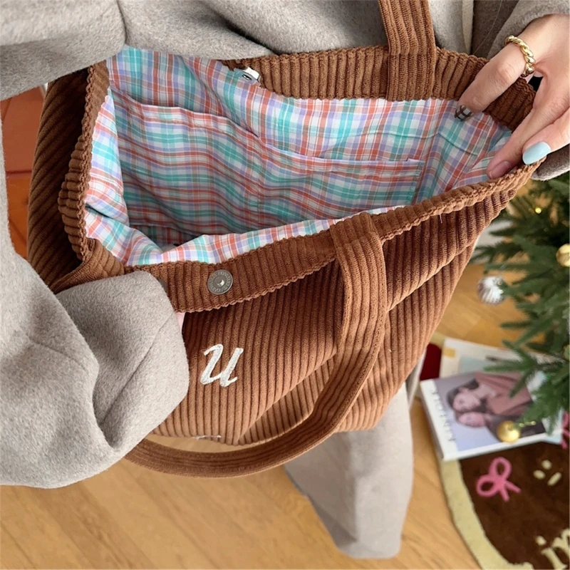 

Fashionable Corduroy Large Capacity Shoulder Bag Casual Shopping School Book Bag