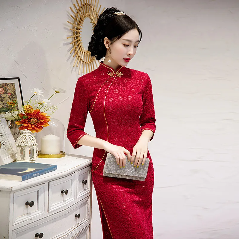 

Autunm Winter Chinese Traditional Women Qipao Social Etiquette Lady Lace Embroidery Dress Female Classic Cheongsam