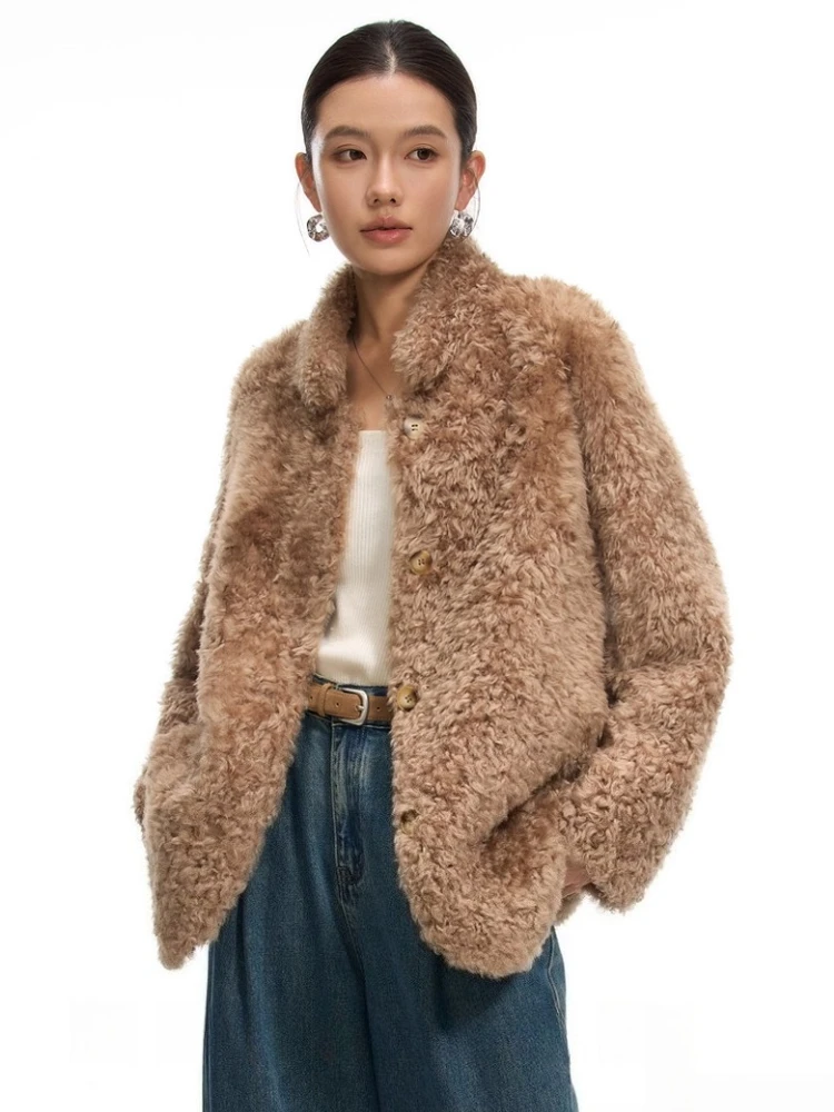 Giacche in shearling di pelliccia di agnello di lusso di fascia alta per le donne 2025 Nuovo semplice cappotto in peluche di pelliccia vera pelle a doppia faccia