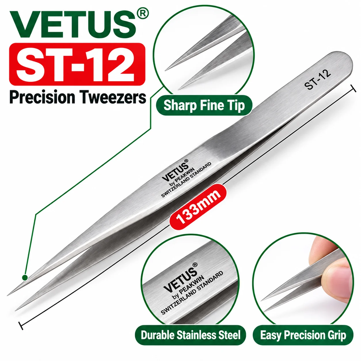 1 Stück Vetus Edelstahl-Pinzette Elektronik HRC-40 Präzisions-DIY-Pinzette Handwerkzeuge ST-12 – Detail 2