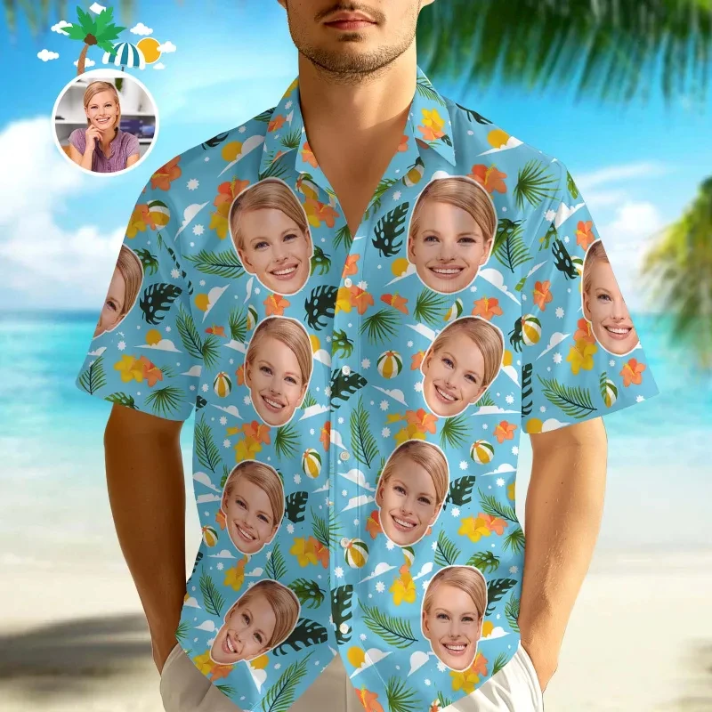 DIY Custom Face Aloha Shirt Retro Surfboard Ocean Wave Palm Plumeria Tropical Scenery Full Print Button Down Shirts Travel Wear