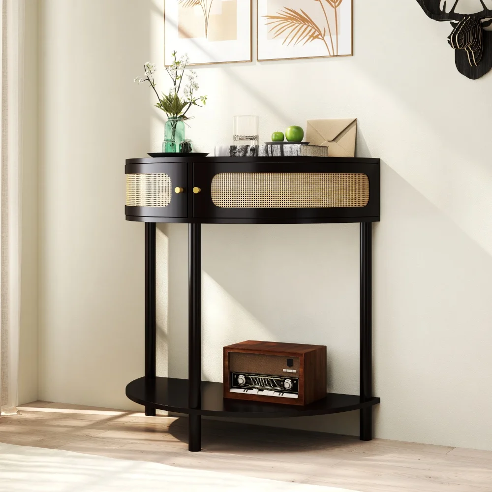 

Уникальный торцевой столик в форме полумесяца: раздвижная дверь из ротанга, 2 места для хранения и полки, черный (гостиная/кровать/луна)