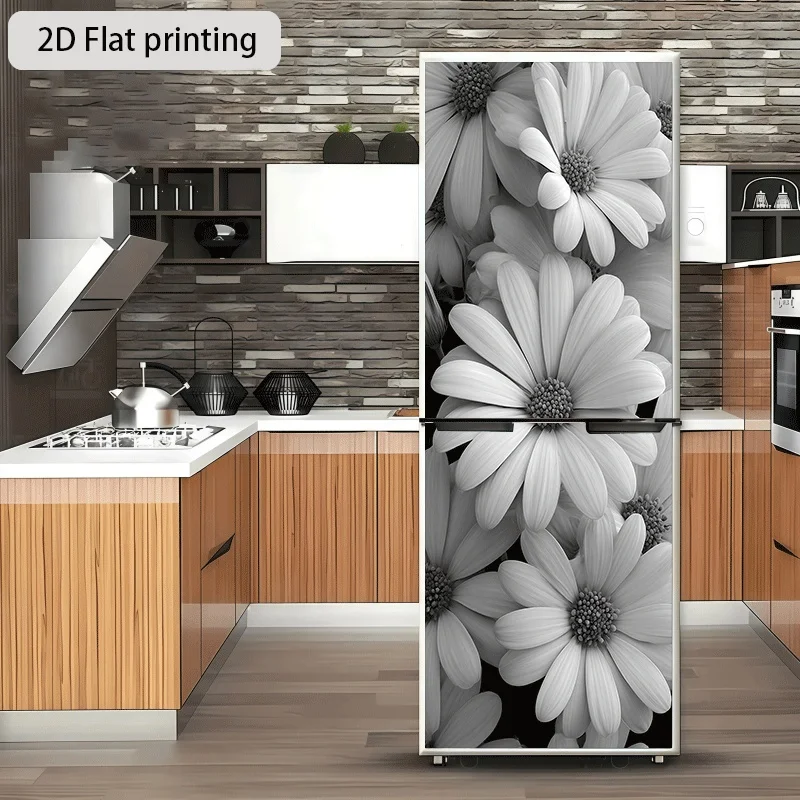 Refrigerator Sticker Black and White Daisy Theme Design Wall Decal Self-Adhesive Wallpaper Suitable for Cabinets and Wardrobes