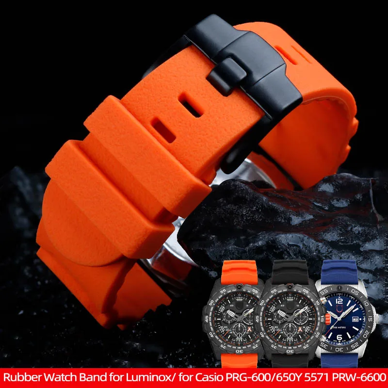 24mm Men Black Orange Rubber Watch Band for Luminox Silicone Strap 3749/3141 Watch Strap for Casio PRG-600/650Y 5571 PRW-6600