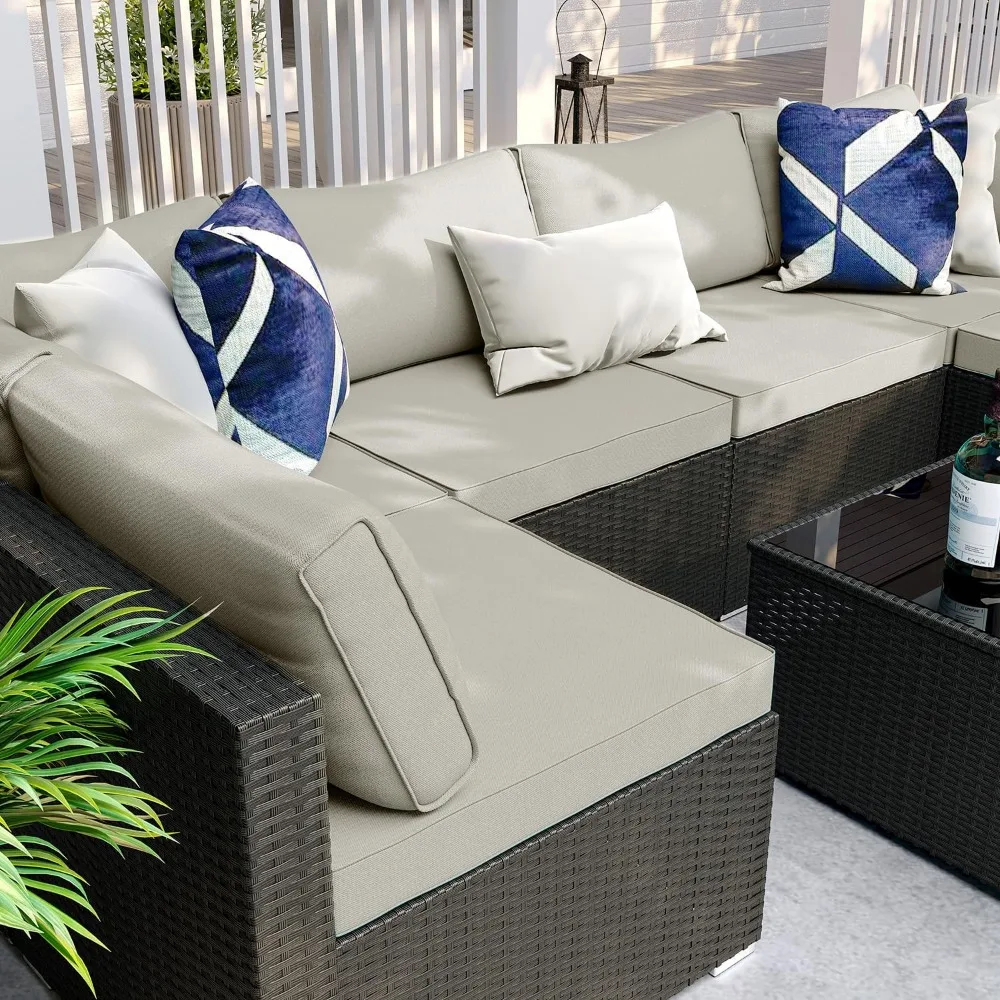 7 Pieces Patio Furniture Set - Outdoor Sectional Wicker Rattan Furniture with Cushion and Glass Table Patio Conversation Sets