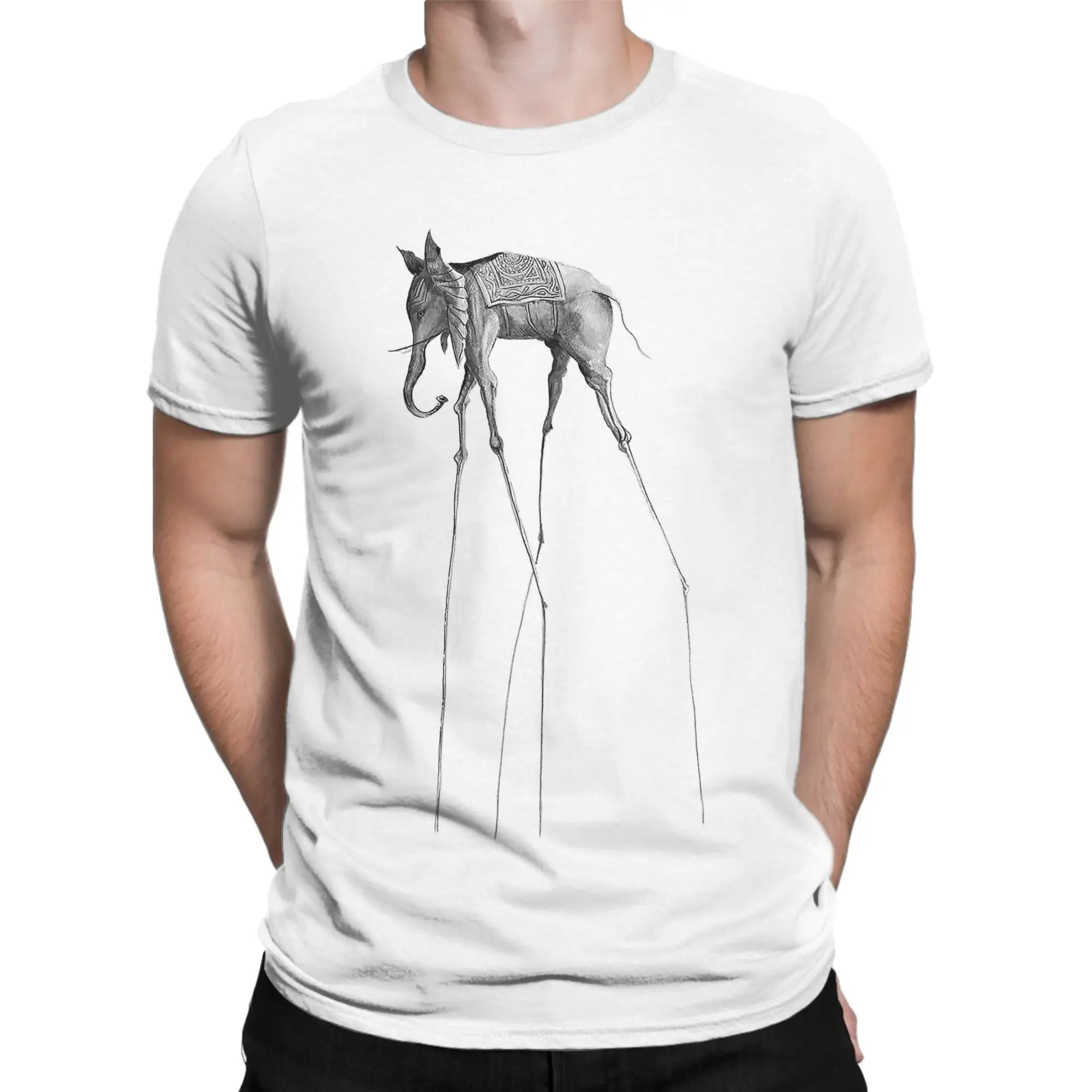 Funny Salvador Dali Elephant T-Shirts Men Crew Neck Pure Cotton T Shirts Surrealist Art Short Sleeve Tees 4XL 5XL 6XL Clothes