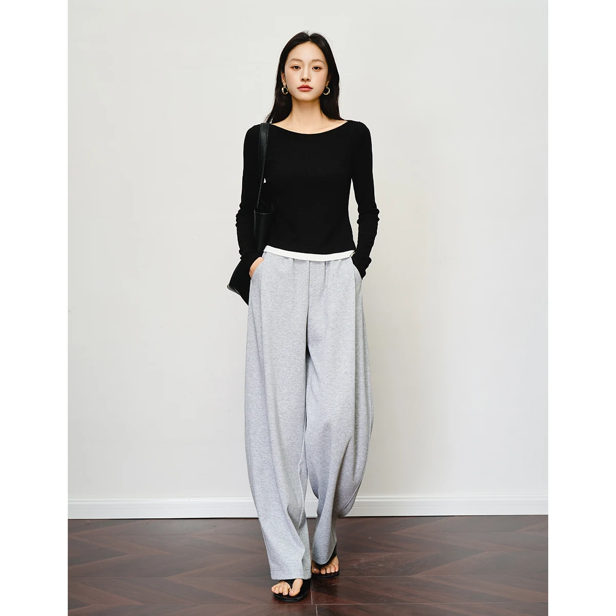 OLrain Women's Casual Knitted Baggy Pants Summer Long Trouser 2025 Female Grey Loose Wide Leg Pants Woman Clothing O57XK99030
