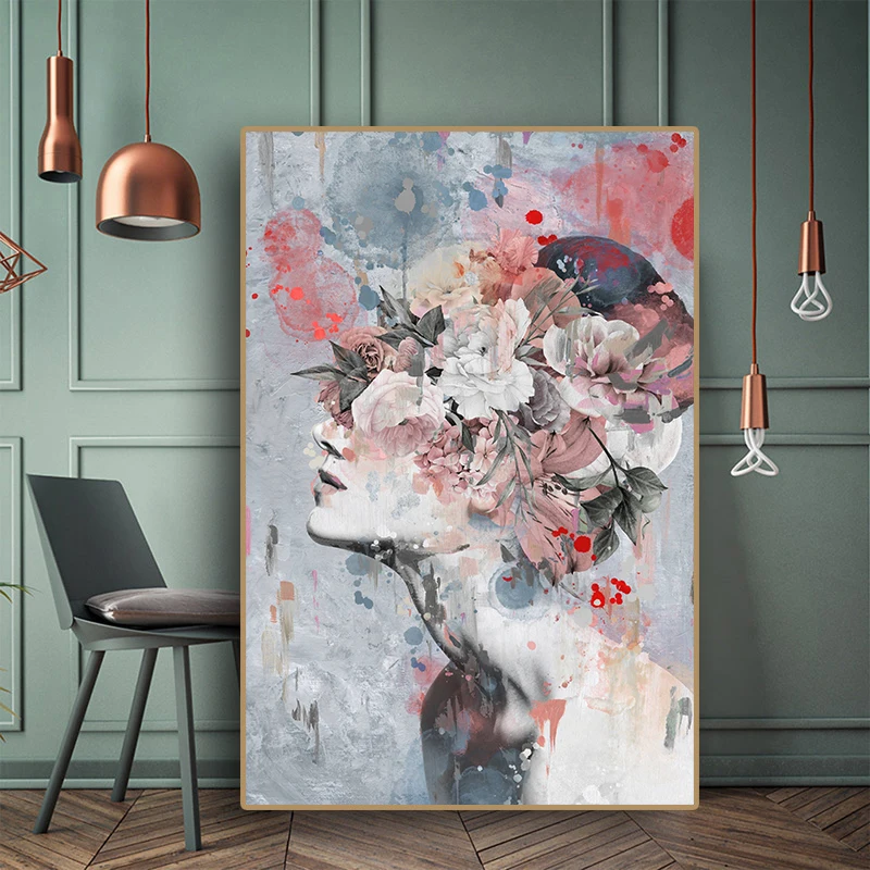 Watercolor Woman Flowers Portrait Abstract Portrait Oil Painting on Canvas Posters and Prints Wall Art Picture for Living Room