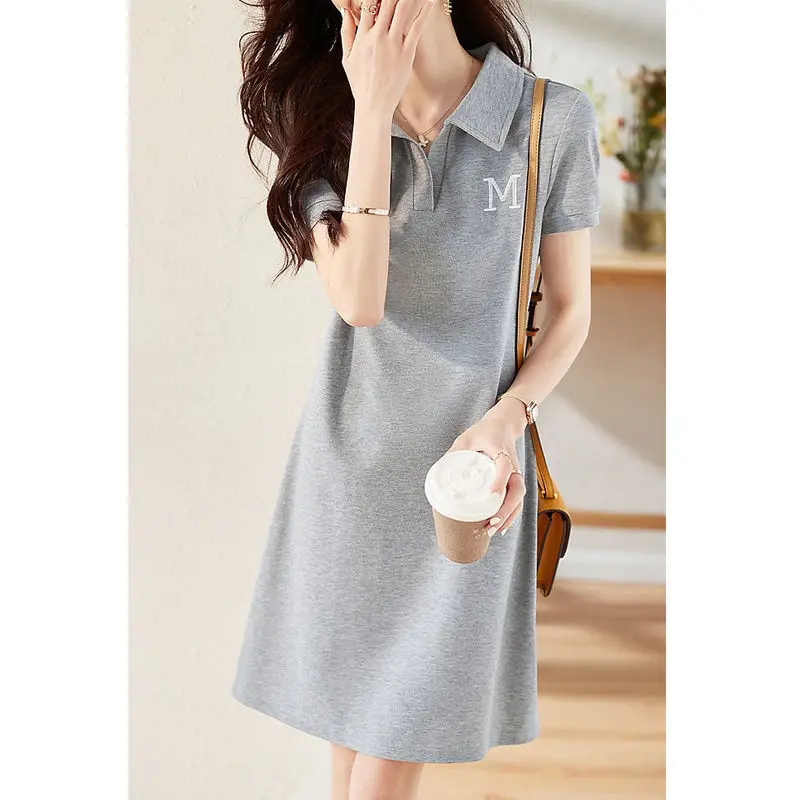 2023 Summer Trendy Gray Letter Embroidery Dresses for Women Y2K Simple Casual Polo Collar Short Sleeve Cotton T Shirt Midi Dress