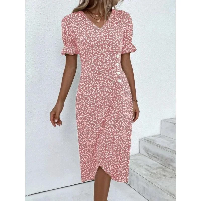 Women\'s Summer Popular Fashion Elegant Dotted Flower Print Bubble Sleeve V-neck Slim Fit Sexy Party Hem Irregular Dress S-5XL