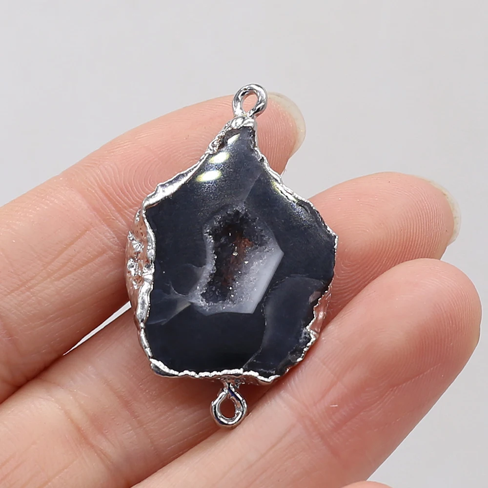 Natural Stone Irregular Shape Druzy Agate Silver Edge Pendant Connector for Making DIY Bracelet Accessories 20x30-25x35mm