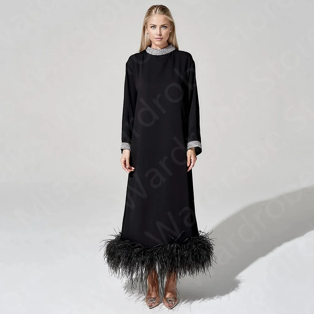 Latest Classic Black Evening Dresses 2024 Feather Dress Long Sleeve Prom Party Gowns Sequined Wedding Guest Gowns Ankle Length