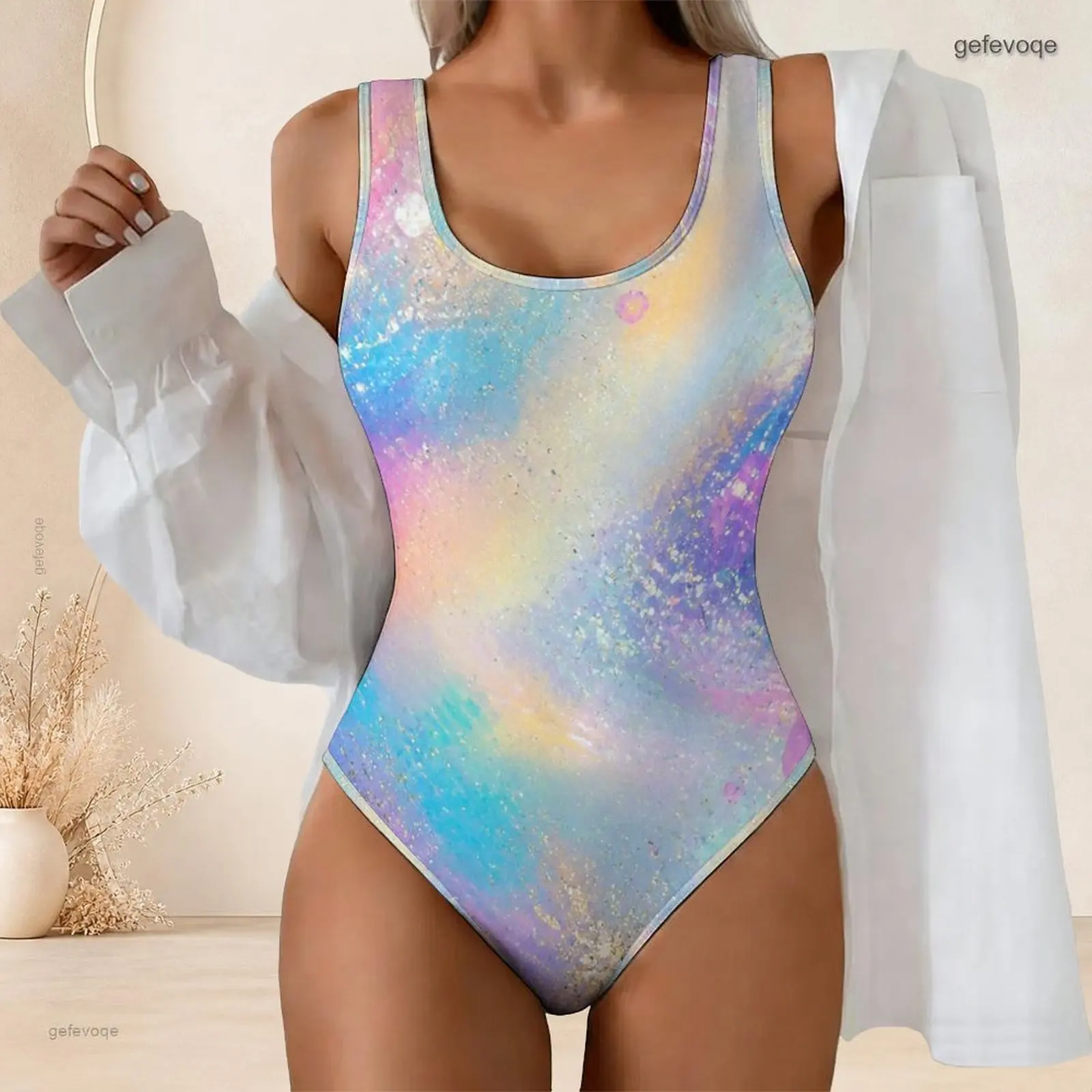 Scoop Neck Wide Straps One Piece High Cut Printed Swimsuit for Women