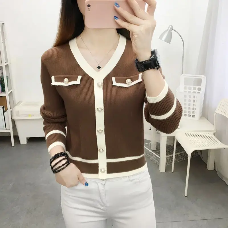 Women\'s Cardigan Striped Beading Sweater 2023 Autumn and Winter New Fashion V-neck Patchwork Long Sleeve Knit Short Bottom Tops