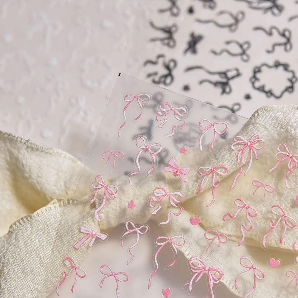 Cinta de seda rosa/blanca/negra 5D, pegatina para uñas con lazo, lazo elegante, autoadhesivo, pegatina artística para uñas, calcomanías deslizantes con lazo encantador brillante