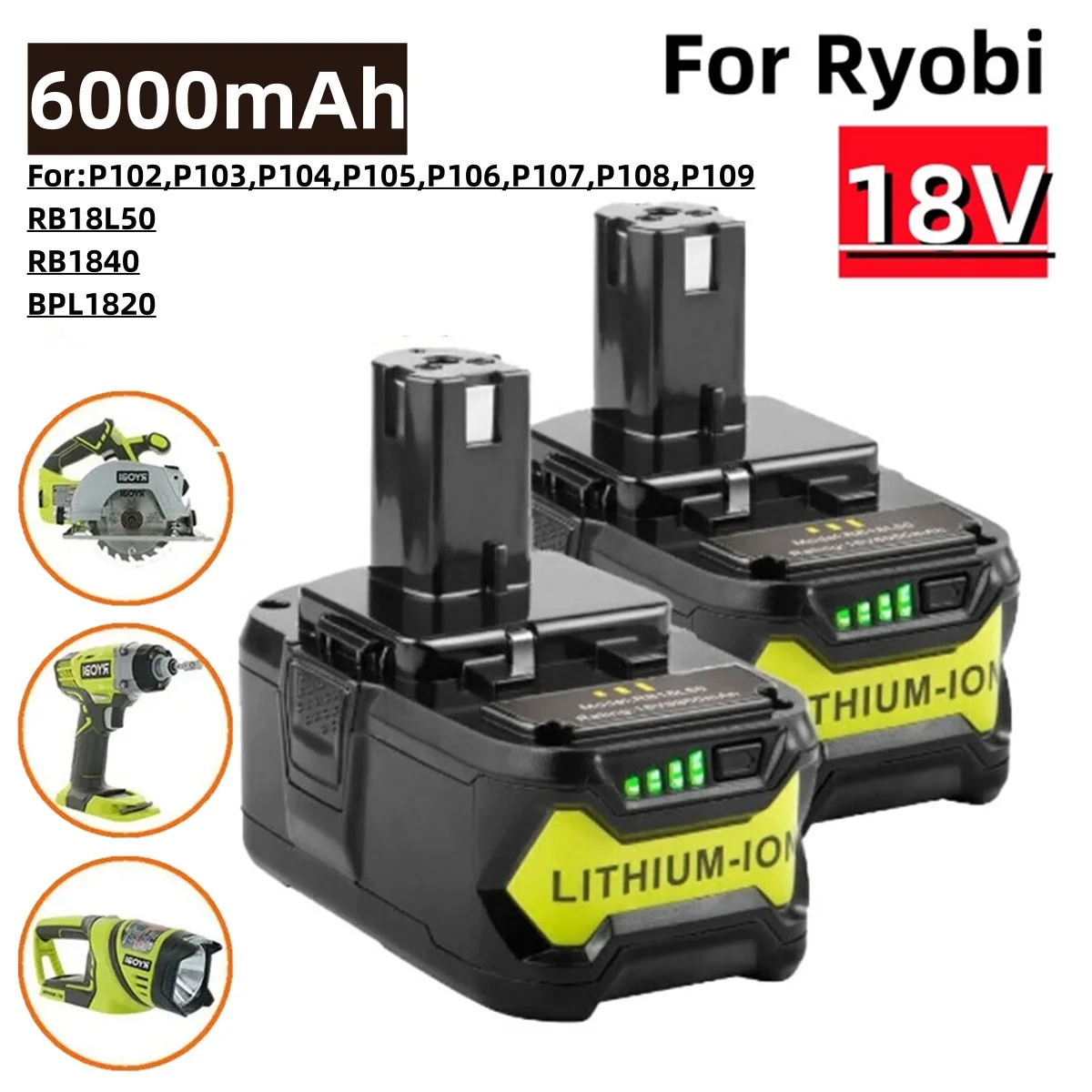 

For RYOBI 18V Li-ion Battery 6000mAh Power Tools For P108 18V One+ Plus P104 P107 RB18L50 RB18L20 P108