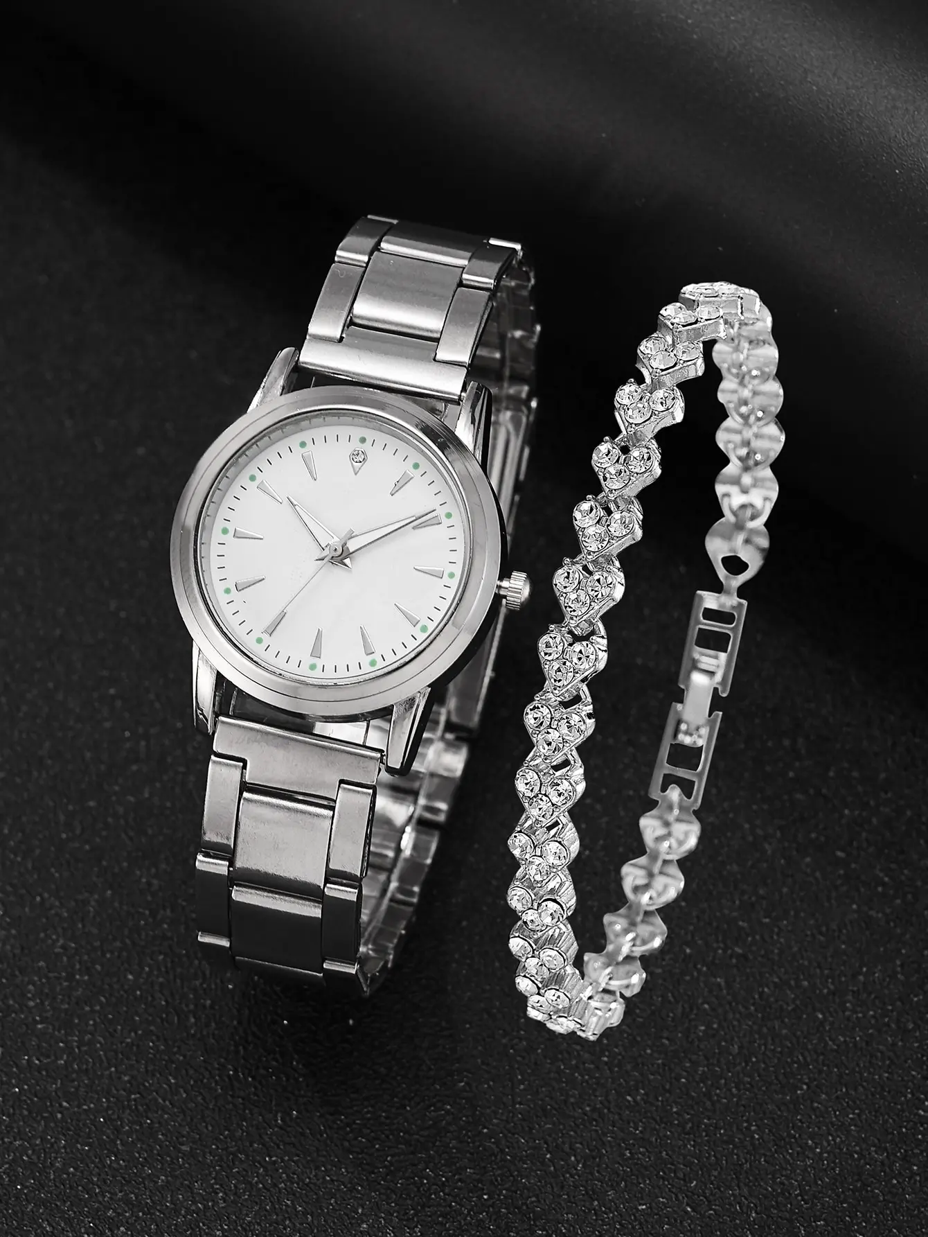 2PCS Set Fashion Women Dress Watches Luxury Crystal Bracelet Quartz Wristwatch Watches For Women Silver Casual Watch