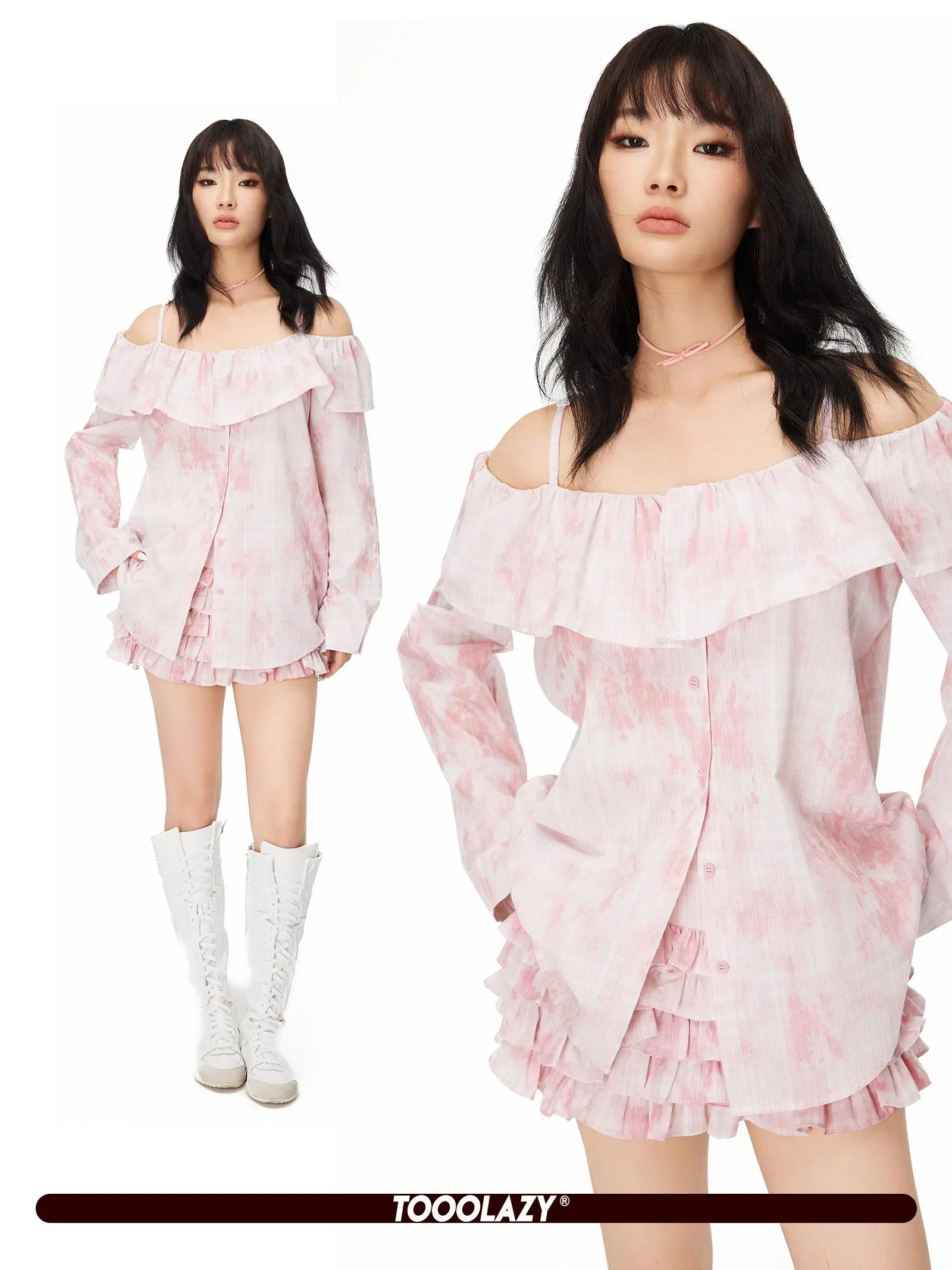 

TOOOLAZY Pink Dyed One-oulder Ruffle T-irt Women's Spring Summer 2025 Faionable Casual Long Sve Princ Sle