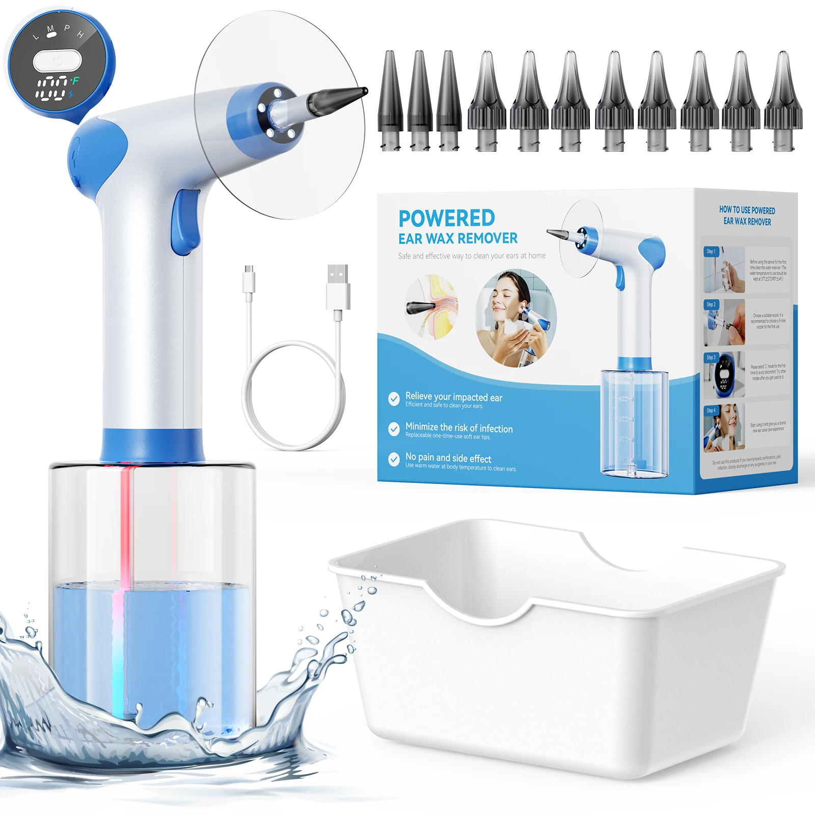 

Ear Wax removal 4 Pressure levels intensity rechargeable TEMPERATURE DISPLAY safter effective ear cleaning tool 500ml Water Tank