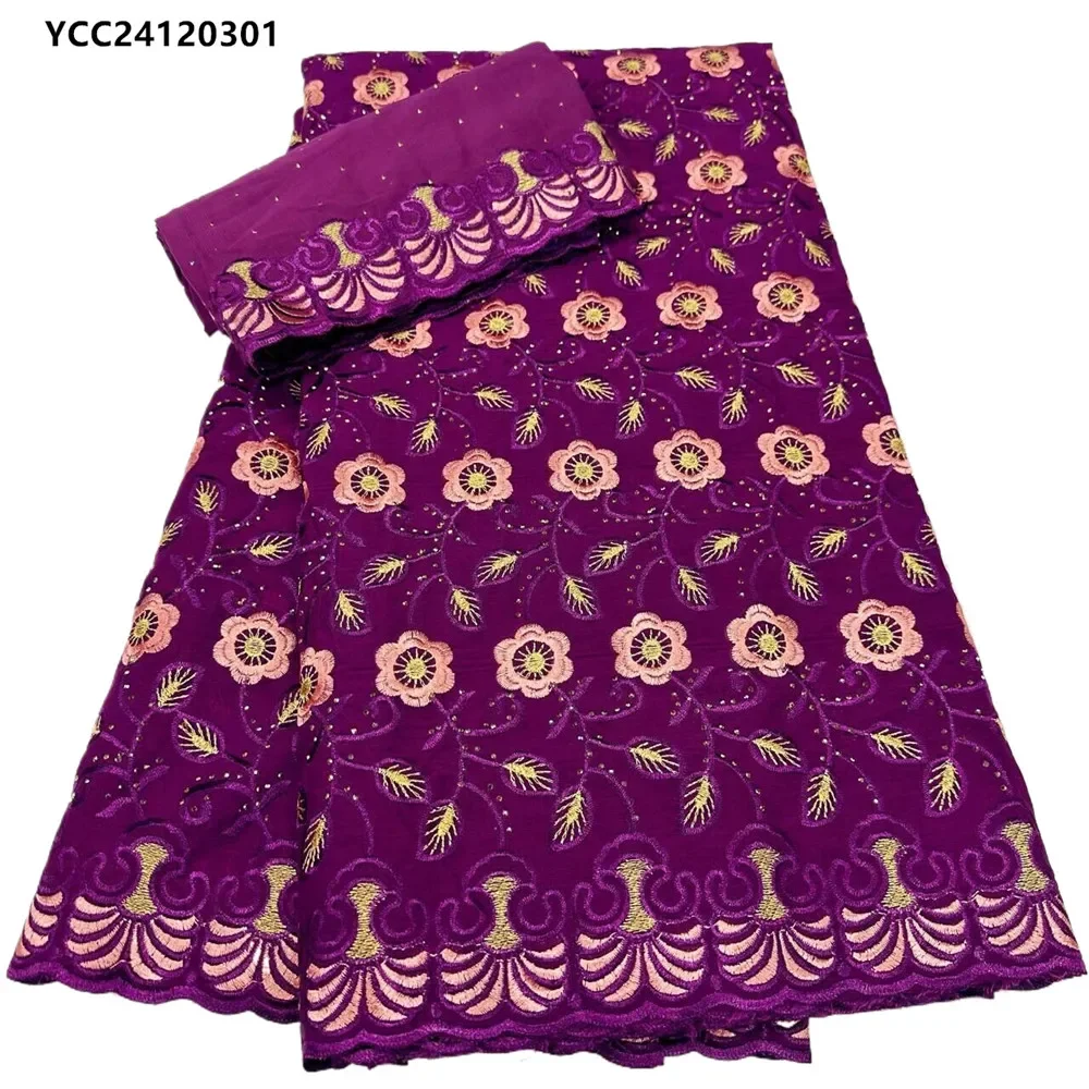 

Nice Embroidery African Cotton Lace Fabric 5 Yards +2 Yards Soft Voile Scarf for 1 Set YCC24120301