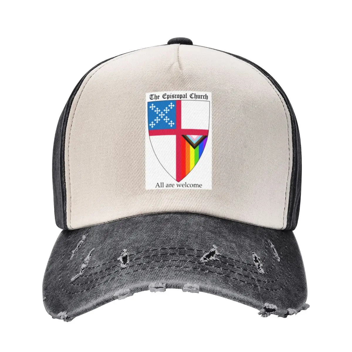 

Episcopal Church Shield with Progressive Pride Flag Vertical Rainbow - All Are Welcome 2 Baseball Cap
