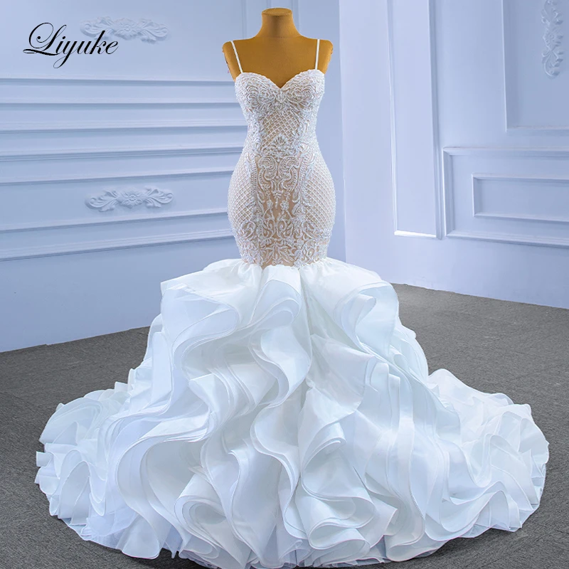 Liyuke Sweetheart Mermaid Wedding Dress Spaghetti Straps Full Of Beading Pearls Grid Tiered Sweep Train Bridal Gowns