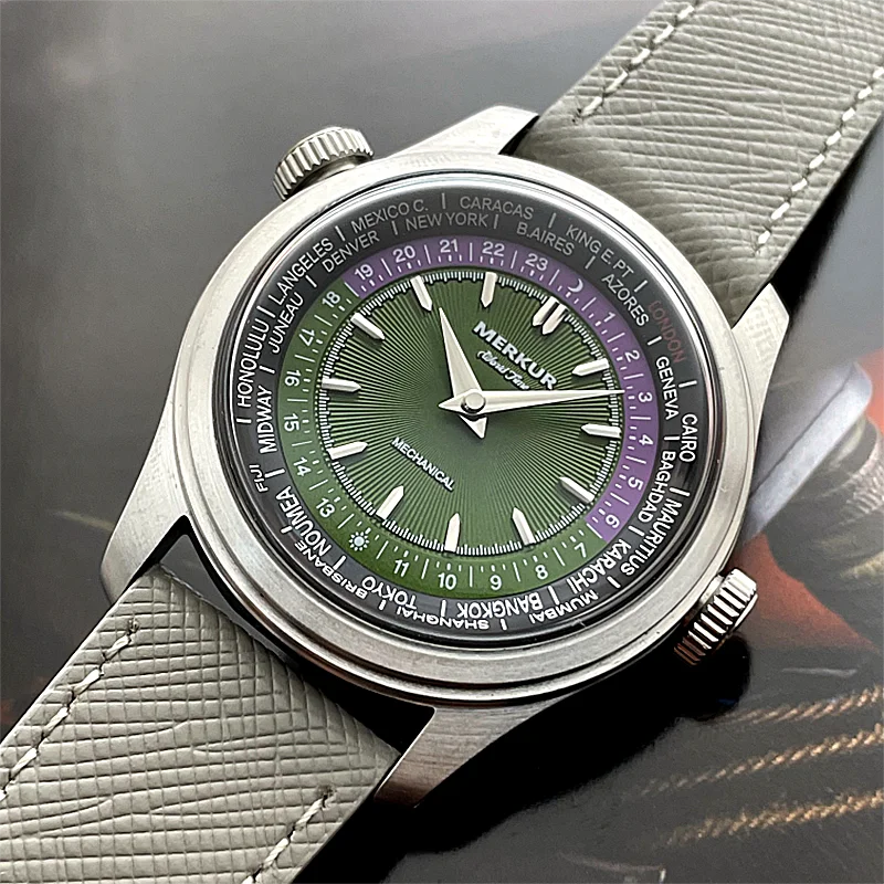 ساعة Merkur World Time للرجال ميكانيكية ريترو للرجال جلد مقاوم للماء 38 ملم Reloj Hombre