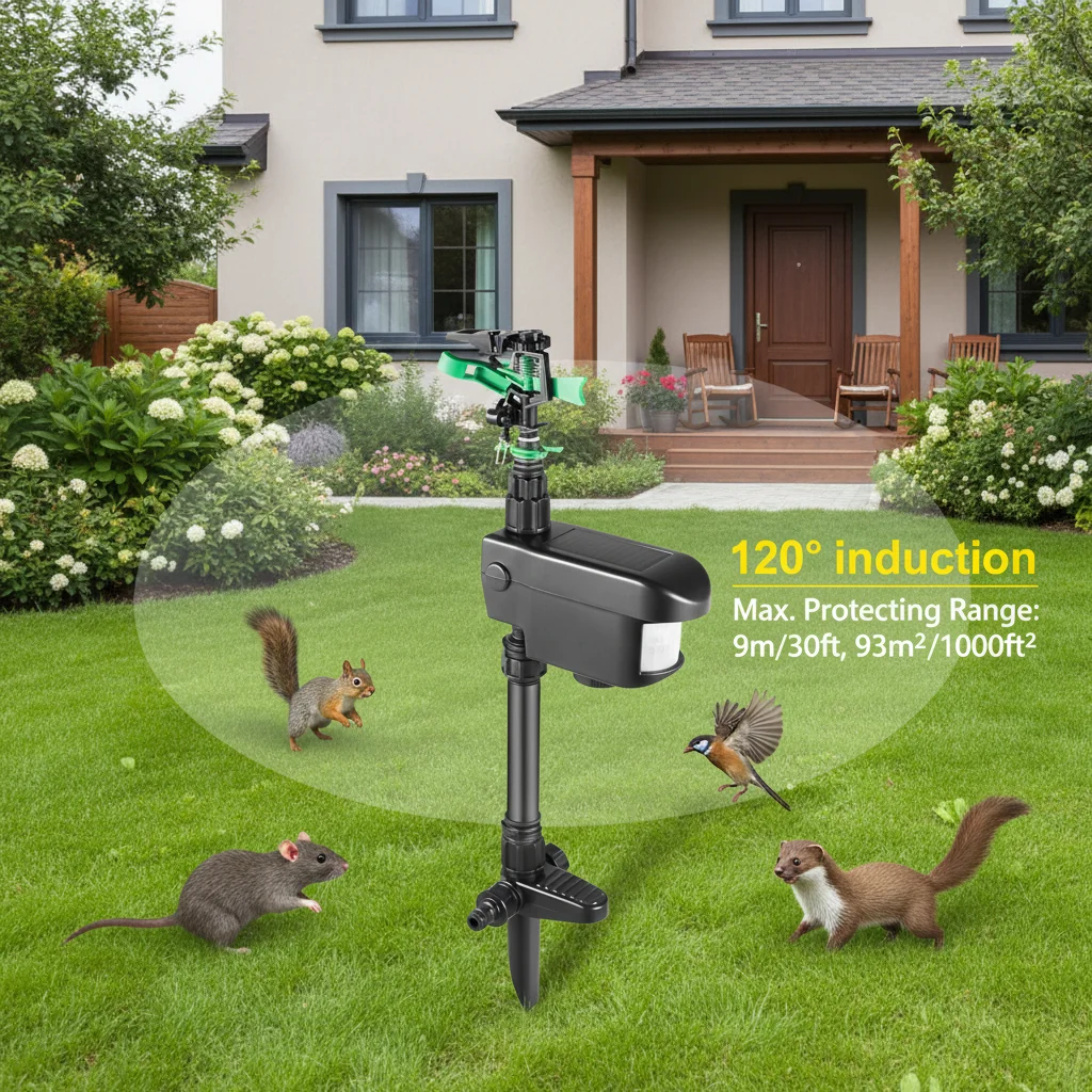 

Спринклер с активацией движения, солнечная энергия, активируемый движением, спринклерный инфракрасный датчик 120 ° Индукционный репеллент от птиц на солнечной энергии