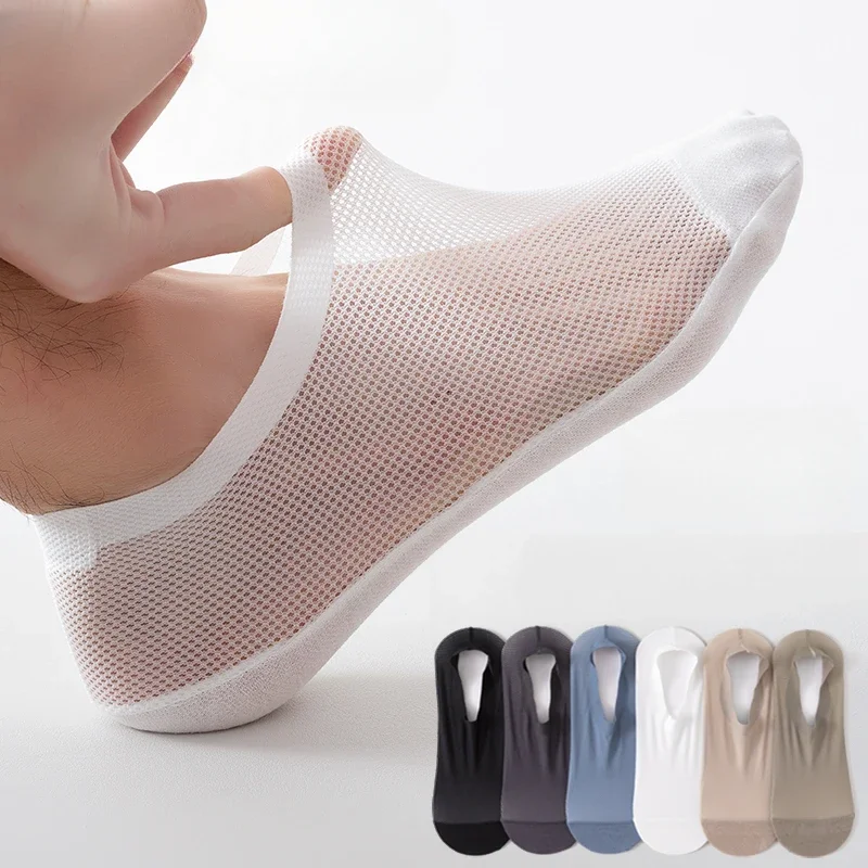 Summer Invisible No Show Socks Men Hollow Out Mesh Breathable Ice Silk Socks Slippers Male Silicone Non-slip Low Cut Boat Socks