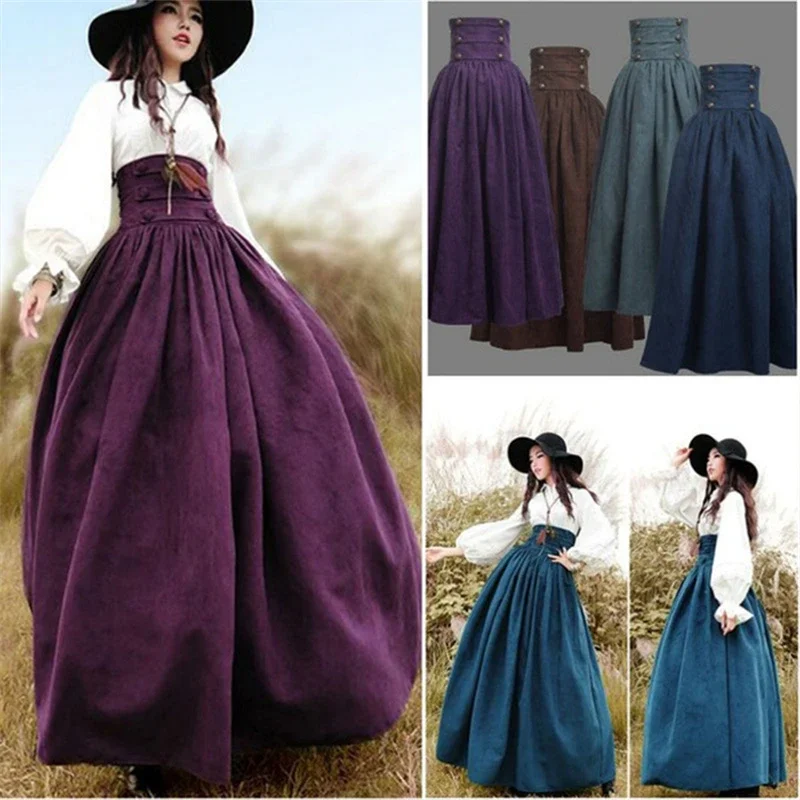 New Woman Medieval Elegant Skirt Solid Hight Waist Middle Ages Renaissance Costumes Vintage Swing Pleated Skirts