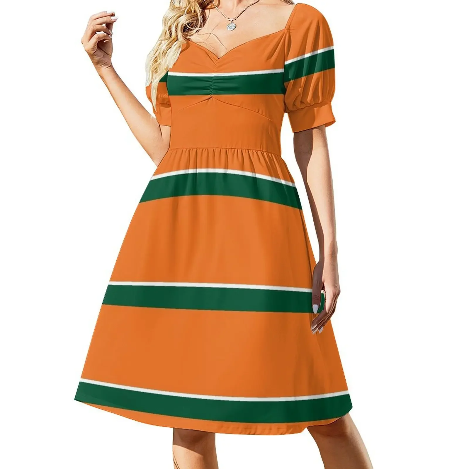 

Orange Green and White Banded Short-Sleeved Dress elegant chic wedding evening dresses Women's clothing Dress
