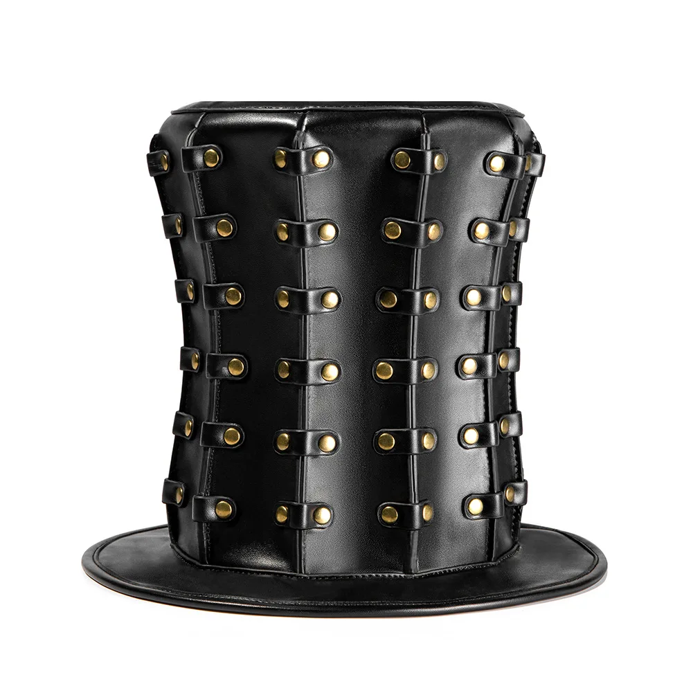 Punk Style Hat Adult Black Riveted PU Leather Halloween Cosplay Steampunk Flat Hat Gothic Costume Accessories High Hats