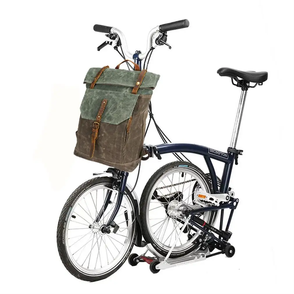 

Folding Bike Retro Canvas Backpack Crazy Horse Leather Bag For Brompton Bicycle Waterproof Outdoor Travel Leisure Commuter Bags