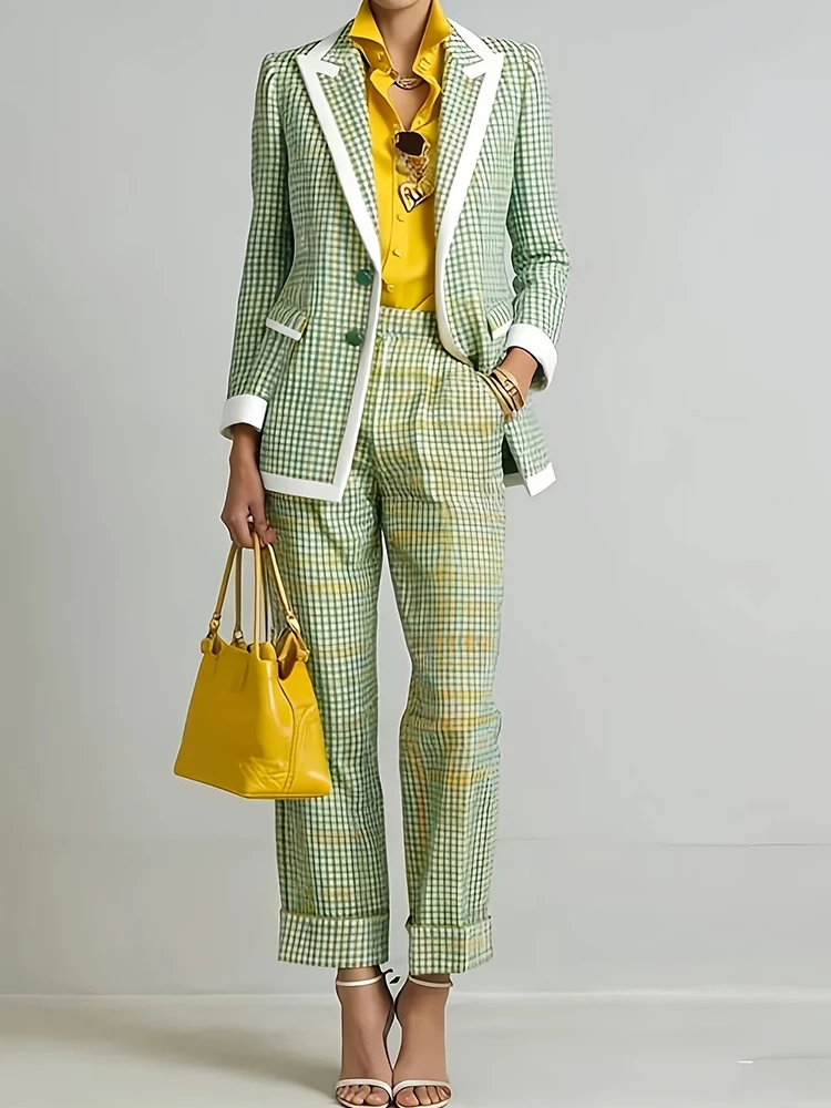 Women Plaid Turn-Down Collar Long Sleeve Cardigan Coat And Straight Pants Two-Piece Set Spring Autumn Fashion Ladies Outfit 2026