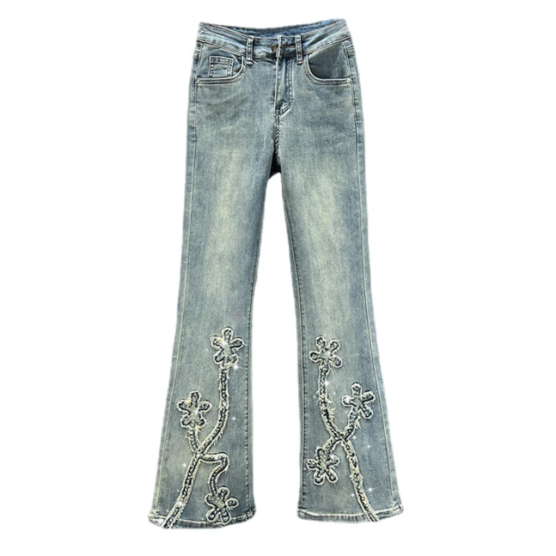 

Denim Boot-Cut Pants Women's Flare Jeans 2024 New Spring Summer Elastic High Waist Slim Slimming Hot Rhinestone Lengthened Jeans