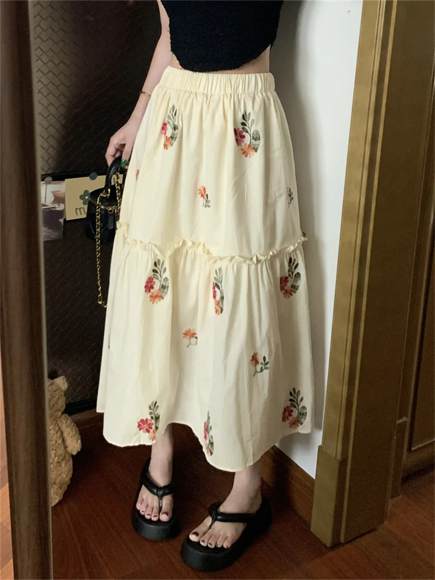 

PLAMTEE High Street Women Long Skirts Florals Chic 2023 Office Lady Slim Ruffles All Match Daily Gentle New Loose Mujer Sweet