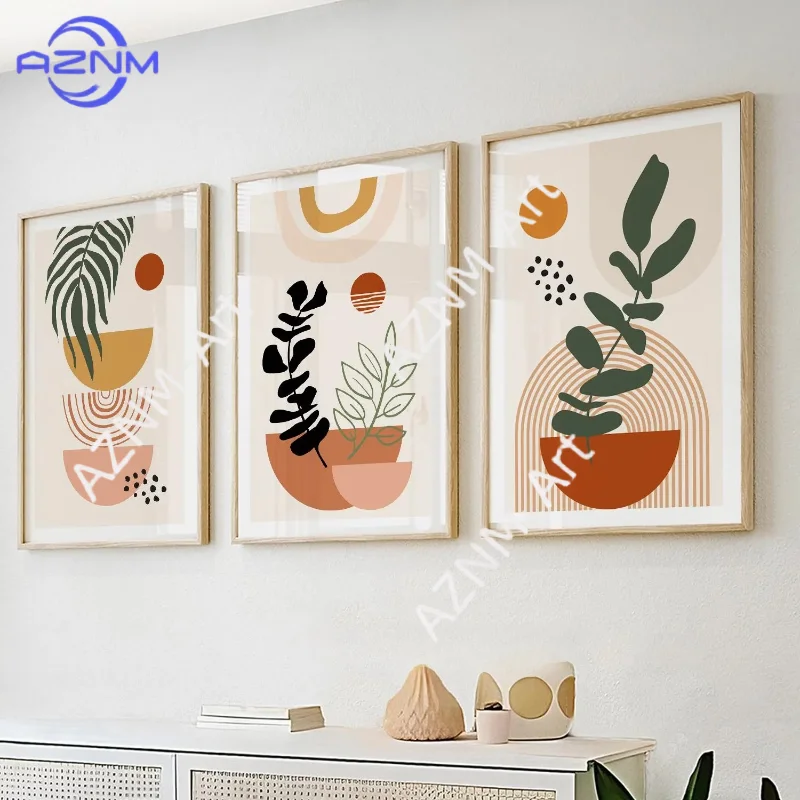 1/3Pcs Mid century modern wall art . Bohemian terracotta beige green botanical poster Boho abstract plants gallery wall set