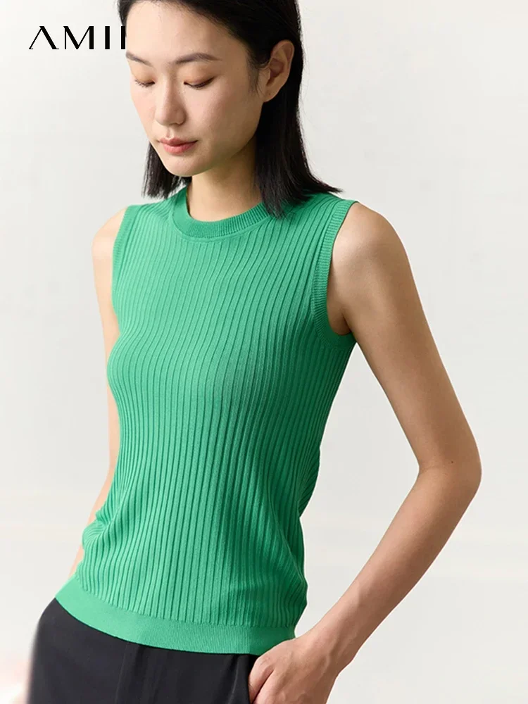 AMII Minimalism Top Women Knitted O Neck 2032 Summer New Office Lady Casual Camisole&Vest Straight Elastic Tank Top 12342455