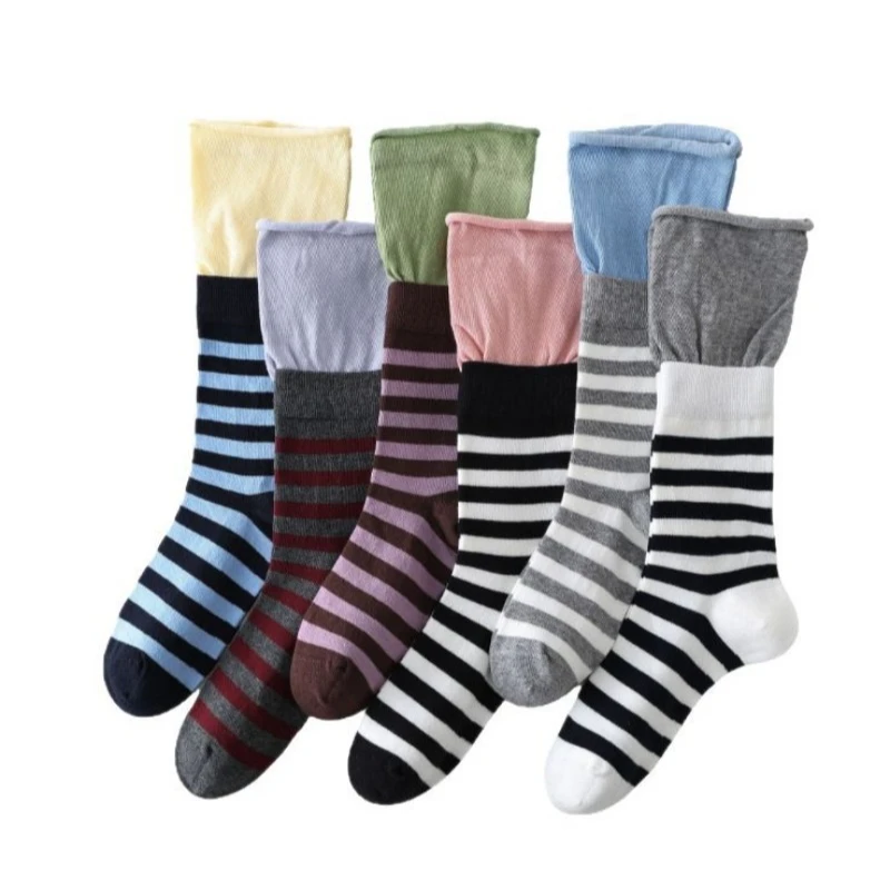 Color Matching Women Socks Striped Lace Style Middle Tube Socks Women Casual Cotton Breathable Long Socks Fashion Streetwear New