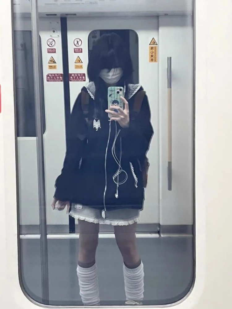 

Японский стиль субкультуры, милая шляпа с кошачьими ушками и капюшоном, полосатая кружевная шляпа с длинными рукавами и карманом на молнии, тонкая женская верхняя одежда на шнурке, осень