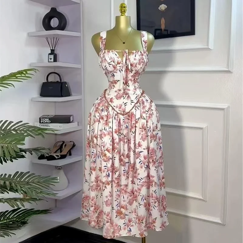 Sexy Bloemenprint Bal Strapl Dr. Fre Sweet Sle Lange Rok Hoge Taille Lente Zomer Woon-werk Geschikt Maxi Dr