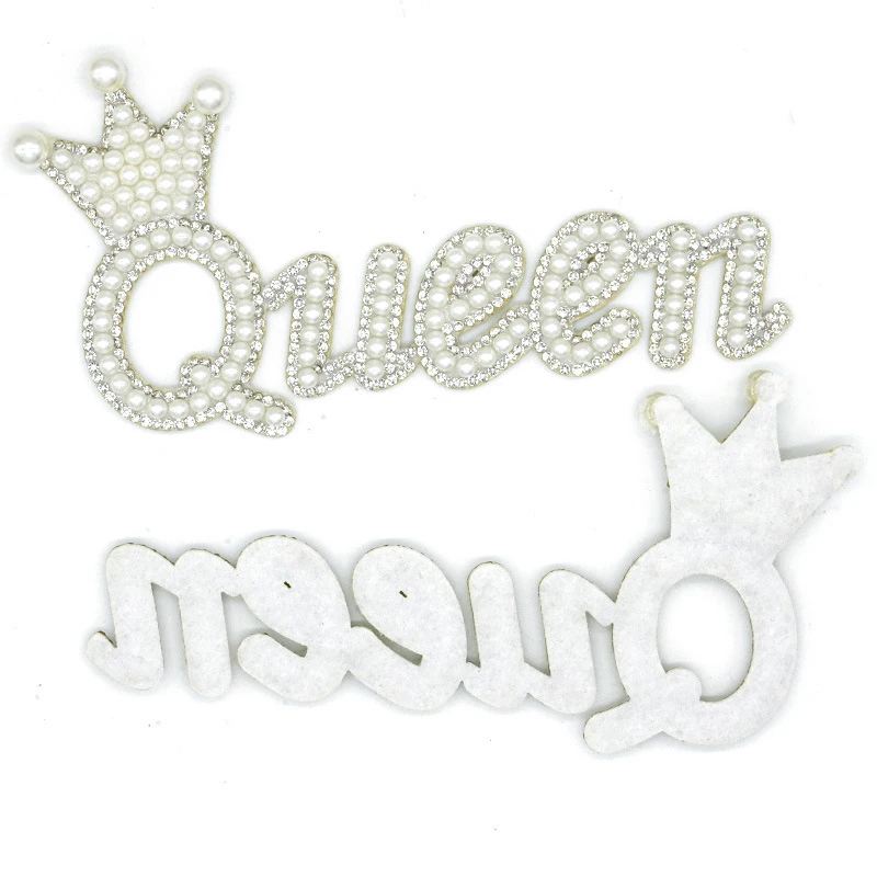 1pc Pearl Queen Patches Clothes Rhinestone Applique Patch Crystal Pearl Letter Patches