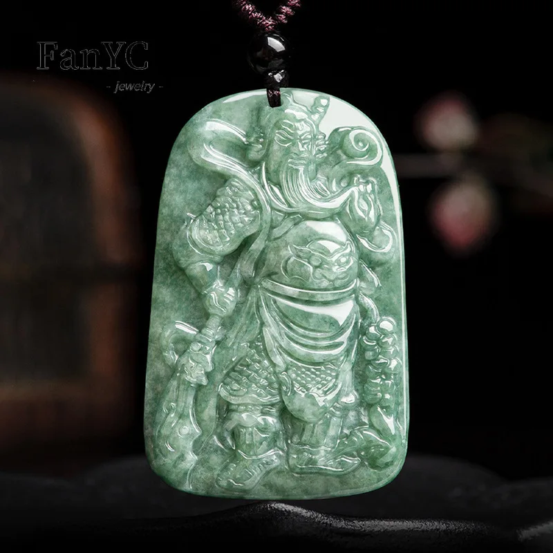 

Myanmar A-goods Jadeite Guan Gong Pendant Hand-carved Fashion Charm Bean Seed Jade Necklace Men and Women Holiday Gift